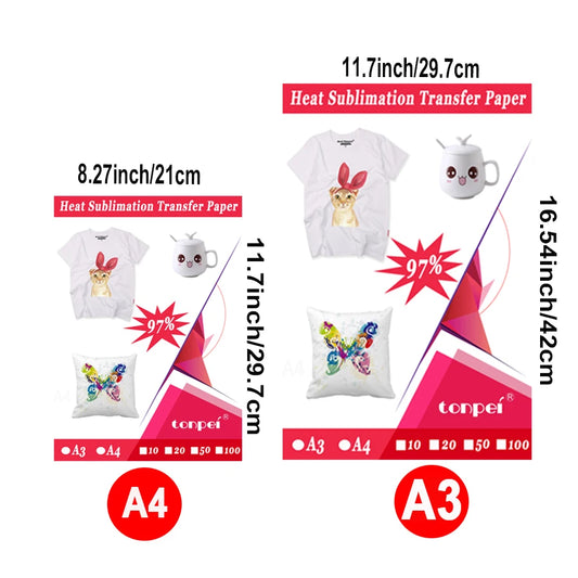 50sheets A3 A4 Heat Sublimation Transfer Paper By Inkjet Printer For Polyster T-shirt Fabric Clothes Mugs Glasses Cutting Mat