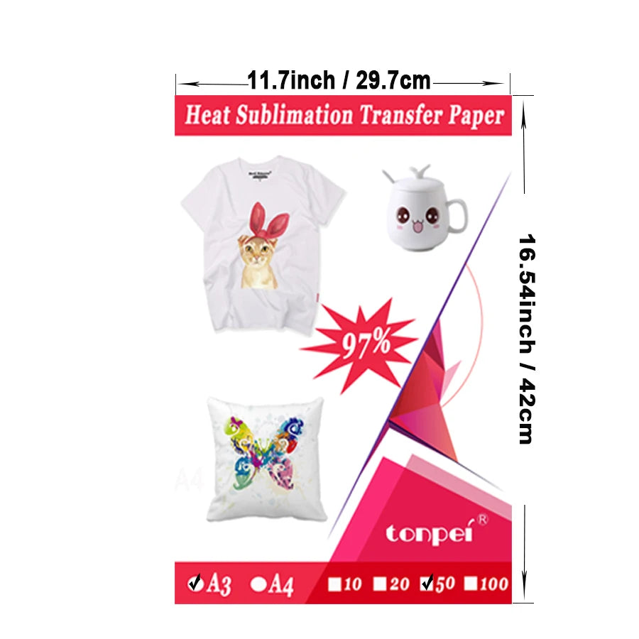 50sheets A3 A4 Heat Sublimation Transfer Paper By Inkjet Printer For Polyster T-shirt Fabric Clothes Mugs Glasses Cutting Mat