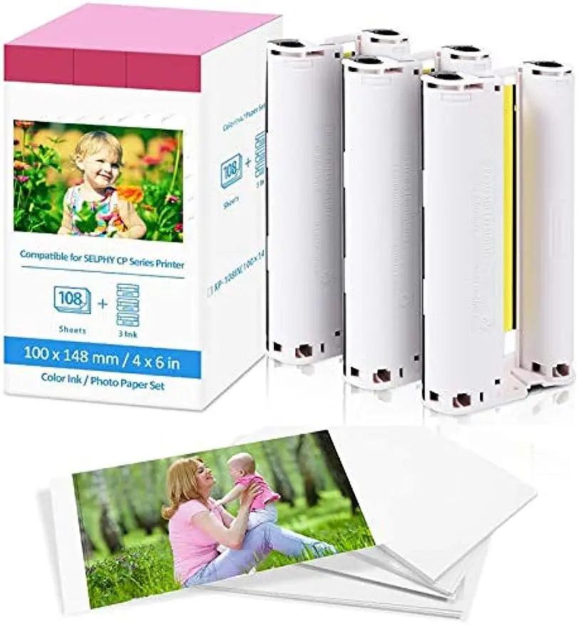 Compatible Canon KP-108IN 3 Color Ink 180 Sublimation Photo Paper 4*6" (100*148mm) for Canon Selphy CP1300 CP1200 CP900 Printer