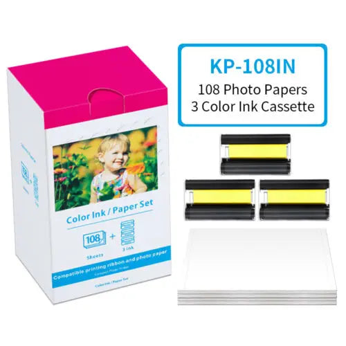 Compatible Canon KP-108IN 3 Color Ink 180 Sublimation Photo Paper 4*6" (100*148mm) for Canon Selphy CP1300 CP1200 CP900 Printer