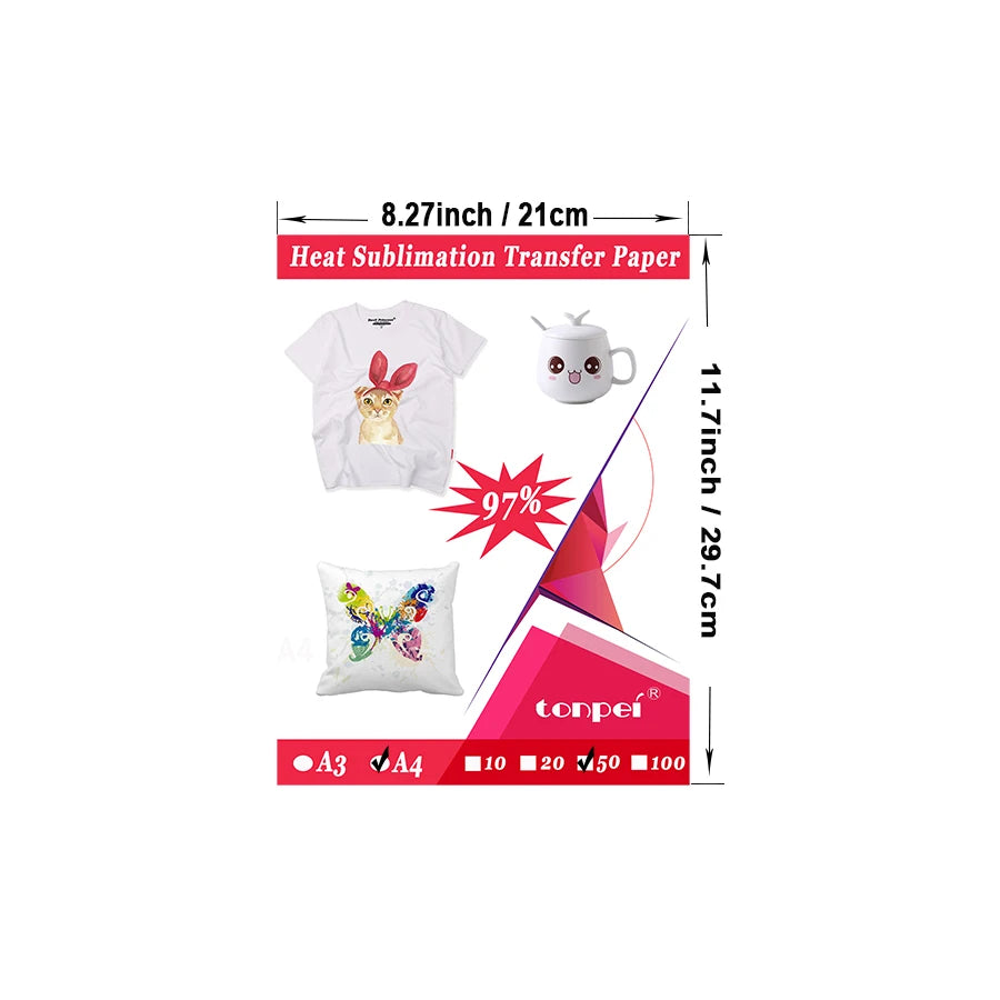 50sheets A3 A4 Heat Sublimation Transfer Paper By Inkjet Printer For Polyster T-shirt Fabric Clothes Mugs Glasses Cutting Mat