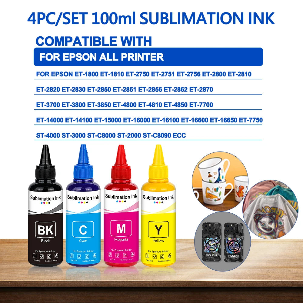 100ml Sublimation Ink 4Colors/Set For Epson All Printer ET-3700 ET-3800 ET-3850 ET-4800 ET-4810 ET-4850 ET-7700 printer ink