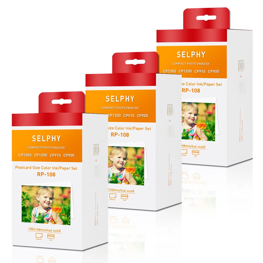 Compatible Canon KP-108IN 3 Color Ink 180 Sublimation Photo Paper 4*6" (100*148mm) for Canon Selphy CP1300 CP1200 CP900 Printer